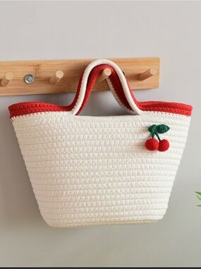 Mori Style Woven Cotton Tote Bag White Red Cherry Crochet Handbag Women New